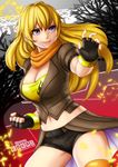  2013 artist_name blonde_hair breasts cleavage erkaz fingerless_gloves gloves grin jacket large_breasts long_hair navel orange_legwear purple_eyes rwby scarf short_shorts shorts single_thighhigh smile solo thighhighs yang_xiao_long 