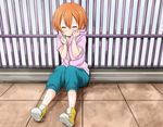  :3 ^_^ abe_kanari closed_eyes highres hood hoodie hoshizora_rin love_live! love_live!_school_idol_project pants railing red_hair rooftop short_hair sitting solo sweatpants tile_floor tiles 