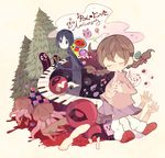  1girl 6_9 ahoge balloon braid brown_hair character_request closed_eyes creature eyeball instrument loose_socks madotsuki music musical_note piano_keys pink_shirt playing_instrument recorder sakurakunet sekomumasada_sensei shirt skirt socks sweater tree twin_braids yume_nikki 