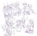  5girls anger_vein annie_leonhardt armin_arlert belt blush christa_renz closed_eyes collarbone cup eren_yeager flying_sweatdrops glasses hands_clasped hange_zoe heart hetero hug hug_from_behind levi_(shingeki_no_kyojin) long_sleeves mikasa_ackerman monochrome multiple_boys multiple_girls nanaba open_mouth own_hands_together paper paradis_military_uniform petra_ral scarf shingeki_no_kyojin short_hair sitting sweatdrop translation_request undressing uniform 