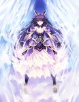  armor armored_dress black_hair boots breastplate breasts cleavage date_a_live dress full_body gauntlets gloves headgear highres layered_dress long_hair looking_at_viewer medium_breasts official_art ponytail purple_eyes purple_hair ribbon shoulder_pads solo standing tsunako yatogami_tooka 