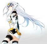  android blue_hair cosplay fingerless_gloves from_side garters gloves kos-mos kos-mos_(cosplay) long_hair looking_at_viewer looking_back lyrical_nanoha mahou_shoujo_lyrical_nanoha mahou_shoujo_lyrical_nanoha_a's mahou_shoujo_lyrical_nanoha_a's_portable:_the_gears_of_destiny red_eyes reinforce solo standing takana thighhighs very_long_hair white_background wind xenosaga xenosaga_episode_i 