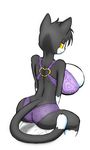  big_breasts black_hair bra breasts butt cat feline female hair huge_breasts looking_at_viewer looking_back mammal norithics panties smile underwear yellow_eyes 