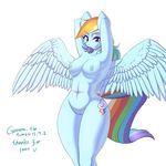  anthro anthrofied blue_fur breasts cutie_mark english_text equine female friendship_is_magic fur garam hair horse looking_at_viewer mammal multi-colored_hair my_little_pony nude pegasus pony purple_eyes pussy rainbow_dash_(mlp) rainbow_hair solo text wings 