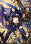  armor blue_eyes blue_hair boomerang breasts cleavage forehead_protector highres huge_weapon kote_(tures) league_of_legends long_hair medium_breasts midriff navel parted_lips polearm sivir solo spear weapon 