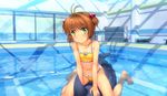  afloat antenna_hair barefoot bikini blush brown_hair cardcaptor_sakura green_eyes hair_bobbles hair_ornament highres kinomoto_sakura looking_at_viewer mutsuki_(moonknives) open_mouth pool shark short_hair short_twintails smile solo swimsuit twintails water wet 