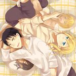  1girl annie_leonhardt black_hair blonde_hair blue_eyes collarbone dakimakura eren_yeager female_titan fuchsia91 highres long_sleeves open_mouth pants rogue_titan shingeki_no_kyojin short_hair spoilers sweatdrop yellow_eyes 