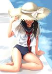  arm_support bare_legs barefoot black_hair closed_mouth covered_eyes facing_viewer footprints hand_on_headwear hand_up hat hat_over_eyes hat_ribbon katahira_masashi long_hair neckerchief one-piece_swimsuit original poolside red_neckwear ribbon school_swimsuit school_uniform see-through_silhouette serafuku short_sleeves sitting smile solo straw_hat sun_hat swimsuit swimsuit_under_clothes white_ribbon 