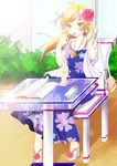  absurdres bad_id bad_pixiv_id bag blonde_hair cellphone chair dress drink drinking_straw earrings flower hair_flower hair_ornament handbag high_heels highres iname jewelry mouth_hold nail_polish original phone sandals shoes smartphone solo yellow_eyes 
