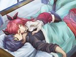  1girl ahoge bad_id bad_pixiv_id bed blue_hair date_a_live debaisu itsuka_kotori itsuka_shidou long_hair necktie red_hair school_uniform short_hair siblings sleeping thighhighs twintails window 