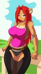  anthro big_breasts blue_eyes breasts brown_fur camel_toe chest_tuft closed_mouth clothing cowboy_outfit edit female fur hair las_lindas looking_at_viewer milf mother parent pose red_hair shirt smile solo string_panties tank_top tuft underwear 