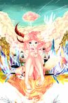  bad_id bad_pixiv_id barefoot birdcage blue_eyes cage cloud crystal dated fox hand_on_own_face hand_on_own_knee head_wings highres horns hzrn_(ymj924) legs long_hair nail_polish original pink_hair pointy_ears reflection sitting sky solo surreal toenail_polish tree wings 