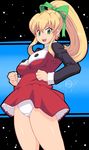  1girl android blonde_hair breasts capcom green_eyes hair_ribbon highres kihaiu large_breasts long_hair minidress no_nose panties pantyshot pantyshot_(standing) ponytail ribbon rockman rockman_(character) rockman_(classic) roll short_dress solo standing underwear white_panties wide_sleeves 