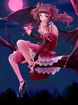  alcohol bad_id bad_pixiv_id bat_wings branch brown_hair detached_sleeves dress dripping fang fangs full_moon glass licking_self long_hair looking_at_viewer moon original red_eyes red_moon sitting smile solo tongue tongue_out tree twintails vampire wine wings yuura 