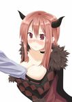  between_breasts blush breasts choker cleavage commentary demon_girl fur_trim horns hujikok large_breasts long_hair maou_(maoyuu) maoyuu_maou_yuusha red_eyes red_hair simple_background white_background 