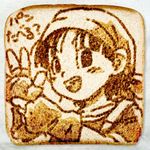  1girl bangs bread dragon_ball dragon_ball_gt female fingerless_gloves food gloves looking_at_viewer lowres miecat-can pan pan_(dragon_ball) pun smile solo the_bread_art_project toast too_literal 