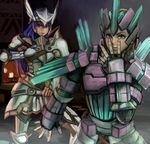  armor bad_id bad_pixiv_id black_background blue_eyes blue_hair bodysuit breastplate cowboy_shot fingerless_gloves full_armor gauntlets gloves headdress helmet houhokekyo jojo_no_kimyou_na_bouken jojo_pose looking_at_viewer monster_hunter multiple_girls parody pose simple_background upper_body 