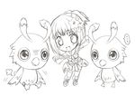 ayamisiro chibi lineart looking_at_viewer monochrome open_mouth phantasy_star phantasy_star_online_2 rappy short_hair simple_background sitting smile solo trembling waving white_background wiola_magica 