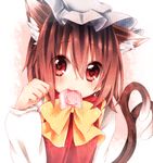  animal_ears bow brown_hair cat_ears cat_tail chen condom condom_in_mouth dress hat long_sleeves looking_at_viewer mitoki_6x6 mouth_hold multiple_tails nekomata paw_pose red_dress red_eyes shirt solo tail touhou upper_body 