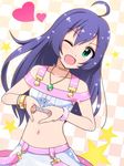  ;d ahoge blue_hair collarbone green_eyes heart heart_hands idolmaster idolmaster_million_live! jewelry long_hair million_dreams mochizuki_anna navel one_eye_closed open_mouth pendant smile solo star totokichi 