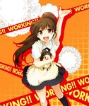  :d apron arm_up black_legwear brown_eyes brown_hair character_doll copyright_name doll dual_persona holding long_hair looking_at_viewer open_mouth outstretched_hand ponytail shirt skirt smile socks standing takana taneshima_popura waitress waving white_shirt working!! 