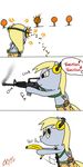  banana blonde_hair bullet derpy_hooves_(mlp) dialog english_text equine eyes female feral friendship_is_magic fruit fur grey_fur gun hair horse illkillyoutoo m4 mammal my_little_pony pegasus plain_background pony ranged_weapon text weapon wings yellow_eyes 