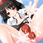 anal anal_object_insertion black_hair blush breasts covered_nipples double_penetration from_below hat looking_at_viewer medium_breasts navel no_bra no_panties object_insertion open_clothes open_shirt red_eyes riku_(rikkuru) shameimaru_aya shirt short_hair skirt smile solo tokin_hat tongue tongue_out touhou vaginal vaginal_object_insertion vibrator 