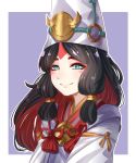  1girl absurdres black_hair blue_background blue_eyes blush dorain_(duyu) hat highres long_hair long_sleeves multicolored_hair o-ring onmyoji red_hair shirodouji sidelocks simple_background smile solo two-tone_hair upper_body white_hat 