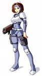  armor bodysuit breastplate breasts brown_hair elbow_pads green_eyes gun headband headset knee_pads medium_breasts rifle short_hair shoulder_pads solo thigh_pouch tzoli weapon x-com 