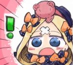  abigail_williams_(fate/grand_order) bandaid_on_forehead blonde_hair blush chibi fate/grand_order fate_(series) hair_ribbon kasuga_yuuki open_mouth ribbon stuffed_animal stuffed_toy teddy_bear 