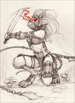  armor breasts chain crouching ecmajor female glowing glowing_eyes hair ink-eyes loincloth long_hair magic_the_gathering mammal mask monochrome navel rat rodent solo sword weapon 