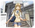  anime_location bag blonde_hair blush border breasts day fading_border k-on! kamosikayasyamoji kotobuki_tsumugi long_hair medium_breasts open_mouth round_teeth sakuragaoka_high_school_uniform school_uniform short_sleeves sky smile solo teeth train_station vest 