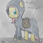  cyan_eyes english_text equine female feral fluttershy_(mlp) friendship_is_magic fur hair hoodie horse long_hair looking_at_viewer looking_back mammal my_little_pony pink_hair pony rain signature simple_background solo speccysy text yellow_fur 