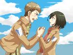  1boy 1girl black_hair blush brown_hair cloud hand_holding jean_kirchstein light_brown_hair looking_at_another mikasa_ackerman military military_uniform multicolored_hair open_mouth scarf shingeki_no_kyojin short_hair sky surprised sweatdrop two-tone_hair uniform 