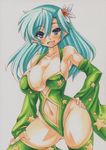  aqua_hair bad_anatomy blue_eyes breasts bridal_gauntlets cleavage curvy detached_sleeves final_fantasy final_fantasy_iv green_legwear green_leotard hair_ornament hand_on_hip hand_on_thigh large_breasts leotard long_hair looking_at_viewer navel navel_cutout open_mouth revealing_clothes rydia simple_background smile solo thighhighs traditional_media uneven_eyes white_background yutakasan-love 