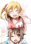  1girl :d ^_^ amamiya_hibiya bad_id bad_pixiv_id blonde_hair blush breast_rest breasts breasts_on_head brown_eyes brown_hair closed_eyes hood hoodie kagerou_project kisaragi_momo large_breasts long_hair one_eye_closed one_side_up open_mouth otsukimi_recital_(vocaloid) sakura_yuki_(clochette) scrunchie short_hair side_ponytail simple_background smile v vocaloid white_background 