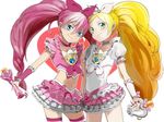 blonde_hair blue_eyes bow brooch choker cure_melody cure_rhythm dress earrings frills green_eyes hair_ornament hair_ribbon heart heart_background highres houjou_hibiki jewelry long_hair magical_girl midriff minamino_kanade multiple_girls navel pink_bow pink_choker pink_hair pink_legwear precure ribbon selicomb skirt smile standing suite_precure thighhighs twintails white_background white_choker 