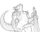  belly big_penis claws dragon erection greyscale hair humanoid looking_at_viewer male monochrome nude penis rollwulf scalie sketch solo spikes standing sword teeth thick_tail weapon 