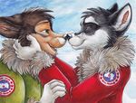  ambiguous_gender anthro canine coat cute dog duo eyes_closed kissing mammal outside silentravyn winter 