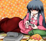  bad_id bad_pixiv_id black_hair brown_eyes chips food game_console hime_cut houraisan_kaguya long_hair lying mouth_hold on_side pillow potato_chips solo super_famicom suzu_(suzuko) touhou 