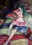  animal_slippers aqua_eyes aqua_hair bed bunny_slippers butt_crack cat food fruit hatsune_miku highres long_hair pillow skirt slippers stuffed_animal stuffed_toy tapiokaro_(ximilul) teddy_bear thighhighs twintails vocaloid watermelon yarn yarn_ball 