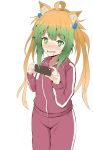  +_+ 1girl absurdres ahoge animal_ear_fluff animal_ears atalanta_(fate) bangs blonde_hair cat_ears cellphone commentary_request drooling eyebrows_visible_through_hair fate/apocrypha fate_(series) gradient_hair green_eyes green_hair hair_bobbles hair_ornament hands_up highres holding holding_cellphone holding_phone jacket long_hair long_sleeves mitchi multicolored_hair open_mouth pants phone red_jacket red_pants saliva simple_background solo track_jacket track_pants track_suit twintails_day very_long_hair white_background 