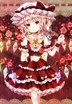  bad_id bad_pixiv_id blonde_hair bow dress flandre_scarlet flower frilled_dress frills hat hat_bow head_tilt jaku_sono looking_at_viewer mob_cap pink_eyes pink_flower pink_rose puffy_sleeves red_dress rose shirt short_sleeves solo touhou wings wrist_cuffs 