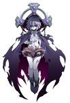  1girl barefoot blush book breasts cleavage cloak feet female hood kenkou_cross lich_(mamono_girl_lover) looking_at_viewer mamono_girl_lover monster_girl monster_girl_encyclopedia navel parted_lips purple_eyes short_hair silver_hair simple_background skull solo tattoo white_background 