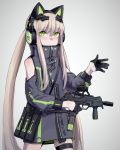  1girl alma01 animal_ears bangs black_gloves cat_ear_headphones cat_ears character_name closed_mouth commentary_request eyebrows_visible_through_hair girls_frontline gloves green_eyes grey_background grey_jacket gun hair_between_eyes half_gloves headphones holding holding_gun holding_weapon jacket light_brown_hair long_hair long_sleeves looking_at_viewer object_namesake scope sidelocks skindentation solo steyr_tmp submachine_gun thigh_strap tmp_(girls_frontline) trigger_discipline twintails very_long_hair weapon 