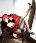  black_legwear breasts chair choker cleavage feet high_heels highres horns large_breasts leg_up legs looking_at_viewer maou_(maoyuu) maoyuu_maou_yuusha moekyon nail_polish pantyhose red_eyes red_hair shoes smile thighband_pantyhose toenail_polish toes 