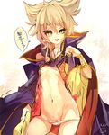  blonde_hair blush bracer breasts cape cis_(carcharias) groin looking_at_viewer navel open_clothes open_shirt panties pussy_peek shirt short_hair small_breasts smile solo touhou toyosatomimi_no_miko translation_request underwear yellow_eyes 