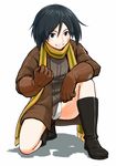  bandaid bandaid_on_face black_hair blue_eyes blush_stickers boots brave_witches clenched_hand full_body gloves grin jacket kanno_naoe kneeling leather leather_jacket military_jacket panties rikizo scarf shadow short_hair smile solo underwear white_background white_panties world_witches_series 