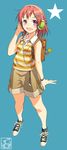  backpack bag braid french_braid full_body hair_ornament hairclip headphones highres no_legwear original pairan purple_eyes red_hair shirt shoes shorts simple_background sleeveless smile sneakers solo striped striped_shirt 