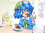  ^_^ aburaage blonde_hair blue_eyes blue_hair blush_stickers closed_eyes eating food hat inarizushi kappamaki kawashiro_nitori makizushi multiple_girls plate shinapuu short_hair sushi tofu touhou two_side_up yakumo_ran 